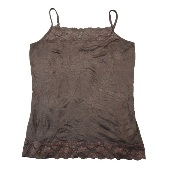 Maurices Cami Tank Top 2 Chocolate Lace Trim Crinkle Y2K Boho Fairy Grunge Indie - Picture 1 of 8